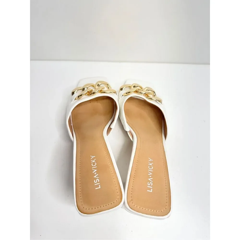 Lisa Vicky Sandals Womens Size 9.5 White Leather Open Toe Heels‎ With Chain